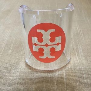 New * Tory Burch Logo Cuff Bracelet Acrylic Lucite Resin * Clear * Orange